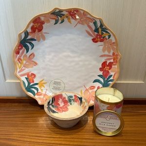 🌺 FLORAL VEGGIE/FRUIT/DIP Dishes with matching candle NWOT